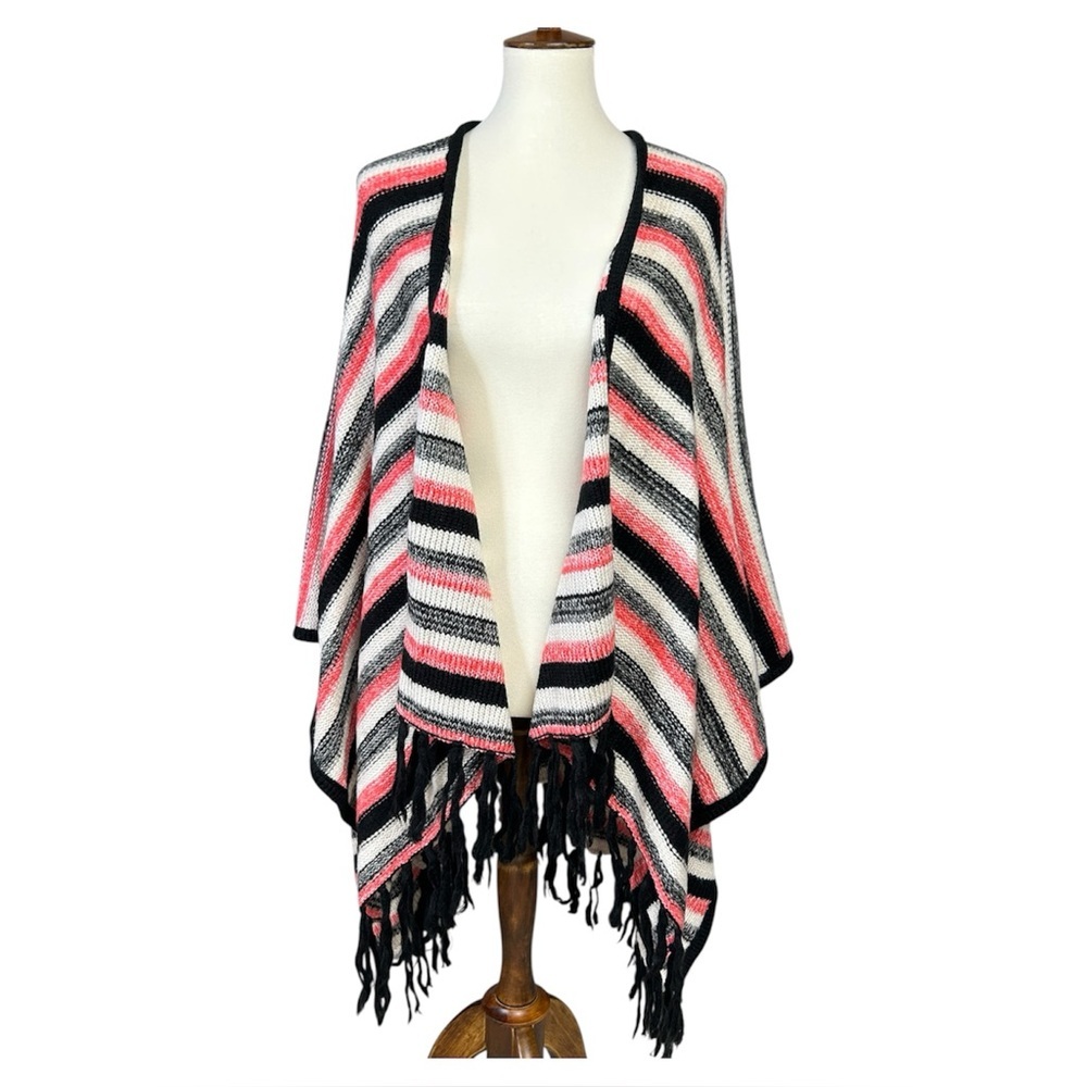 Kensie Womens OS Striped Multicolor Knit Shawl Oversized Fringed Office Wear